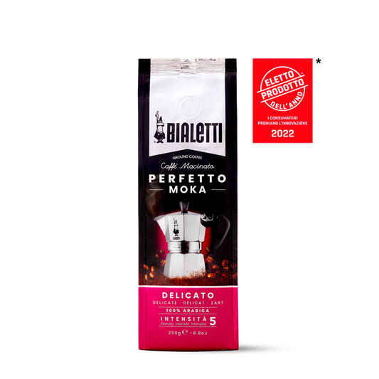 Bialetti Delicato roasted ground coffee / café moulu 100% Arabica Qty 250 grams 6 per case $ 46.74 SKU CF303165CAD-006